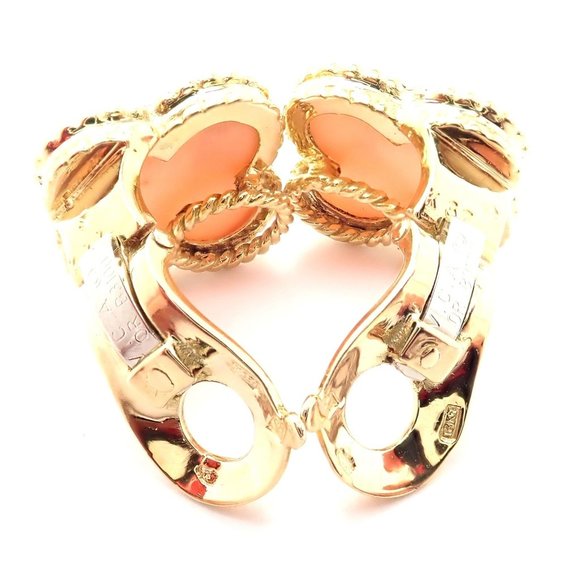 Van Cleef & Arpels Vintage Alhambra 18k Yellow Gold Angel Skin Coral Earrings - Picture 10 of 12